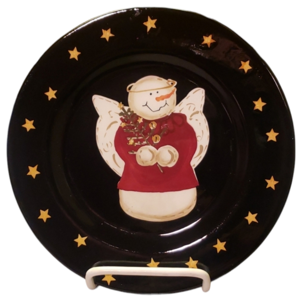 Vtg Set Of 4 Black Salad Dessert Plates Sonoma Snowman Angels